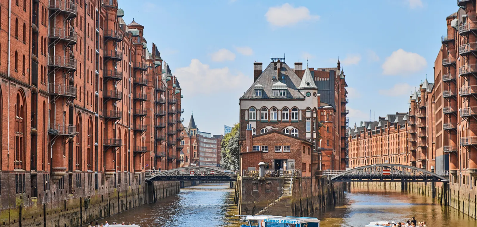 Barges in a canal of the Speicherstadt